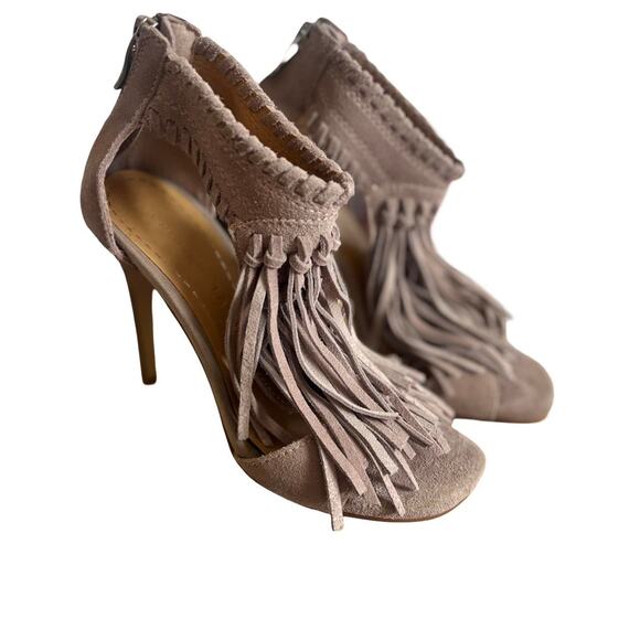 Y2K‎ 2000'S VINTAGE CHINESE LAUNDRY TAN SUEDE FRINGE HEELS SZ. 5 1/2 - Picture 4 of 8